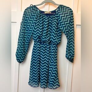 Girl’s Speechless Sheer Lined Long Sleeve Chevron Dress Elastic Cuffs Waist Sz 8